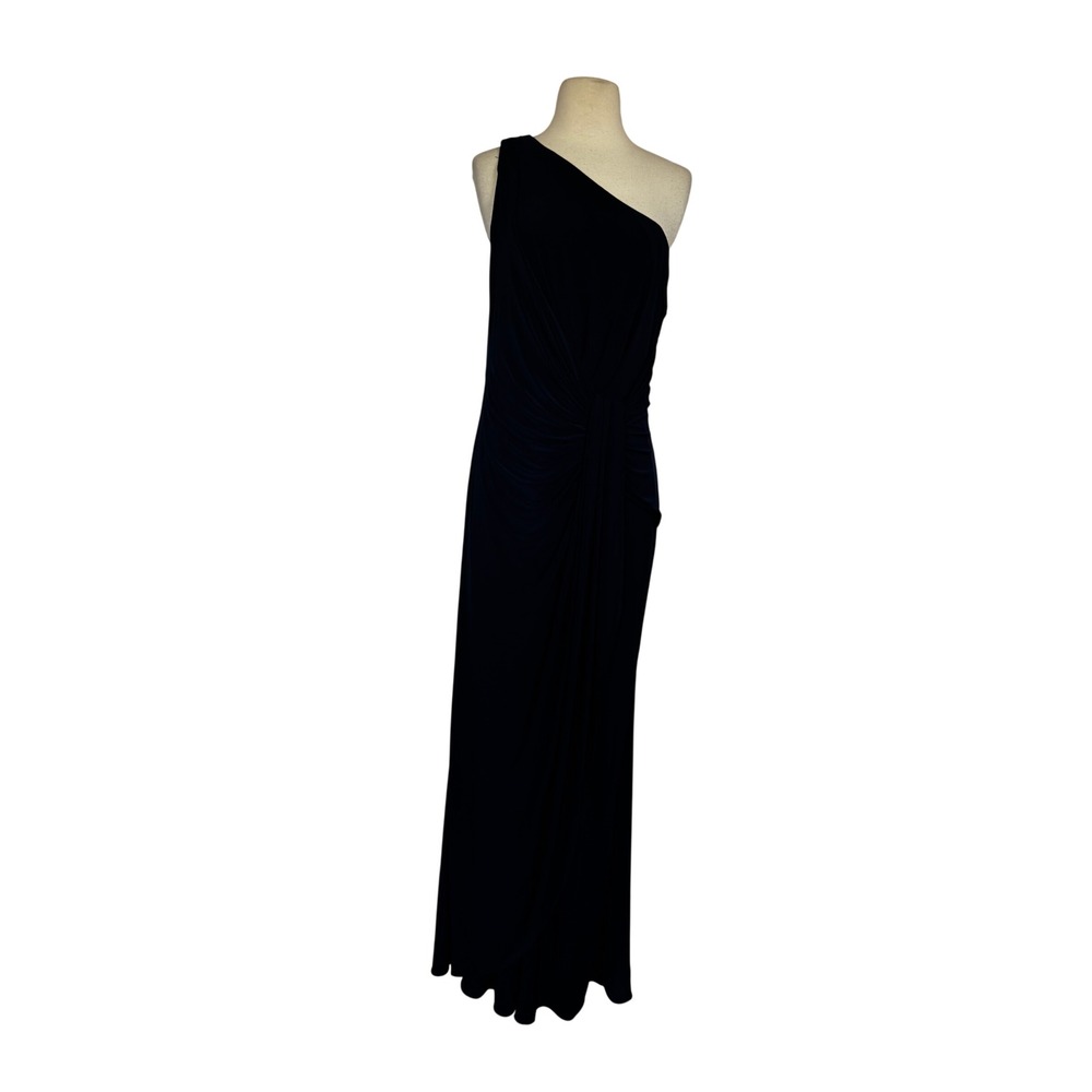 Adrianna Papell Navy One Shoulder Draped Evening Gown Ruched  Maxi Dress SZ 10